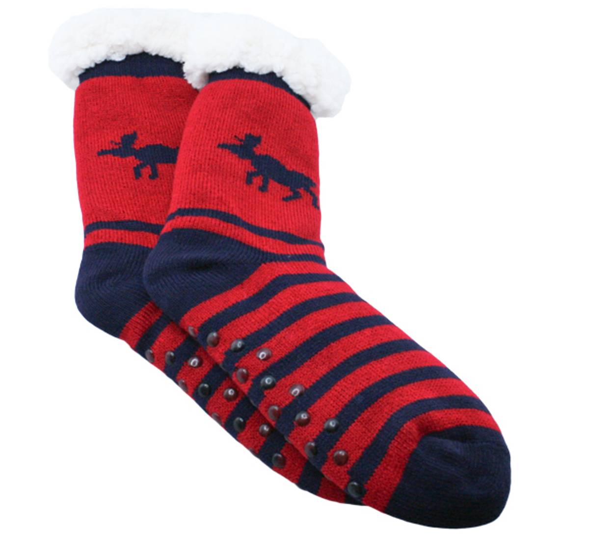 Knitted sock with moose red/blue