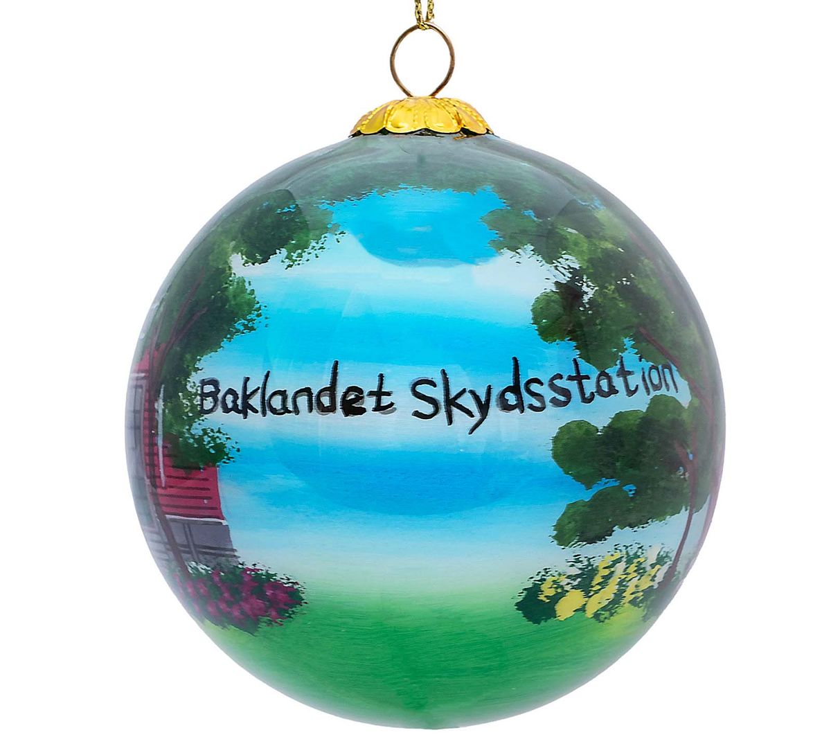 Glass bauble, hand painted, Baklandet Skydsstasjon, Trondheim